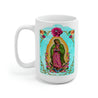 Traditional image of 'La Virgen de Guadalupe' in colorful design on tall white mug