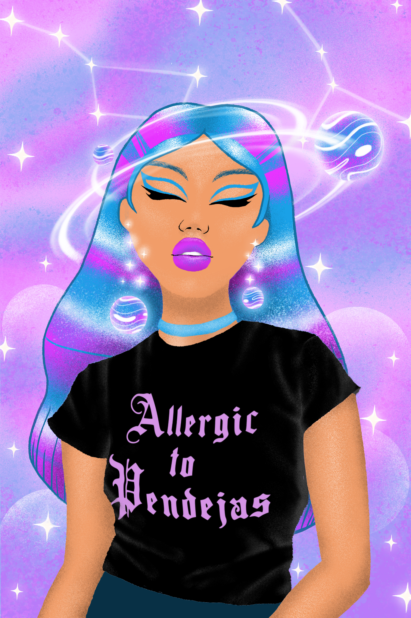 T-shirt featuring humorous chola-style, old-english text for Latinas, reading 'allergic to pendejas'