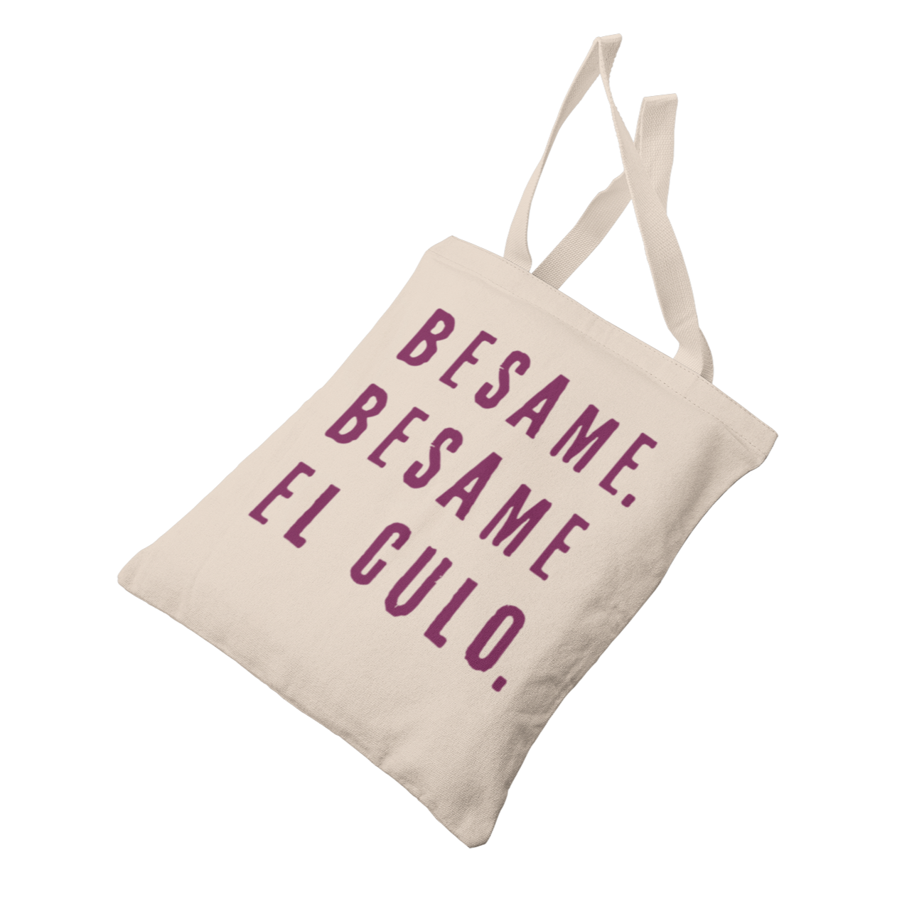 Funny Spanish canvas tote bag with a unique design featuring the words 'Besame. Besame El Culo' in deep purple vintage lettering.