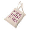 Funny Spanish canvas tote bag with a unique design featuring the words 'Besame. Besame El Culo' in deep purple vintage lettering.