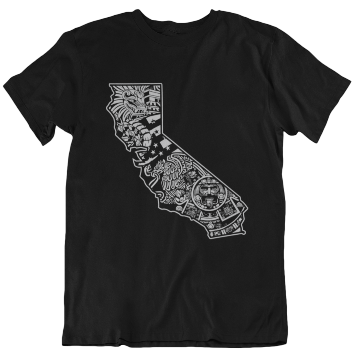  Mens Mexican pride through an eye-catching design of the state of California filled grayscale with Aztec designs