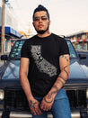 hispanic man wearing Mexican pride-themed black t-shirt for Latino men, featuring the state of California filled with Aztec-inspired art