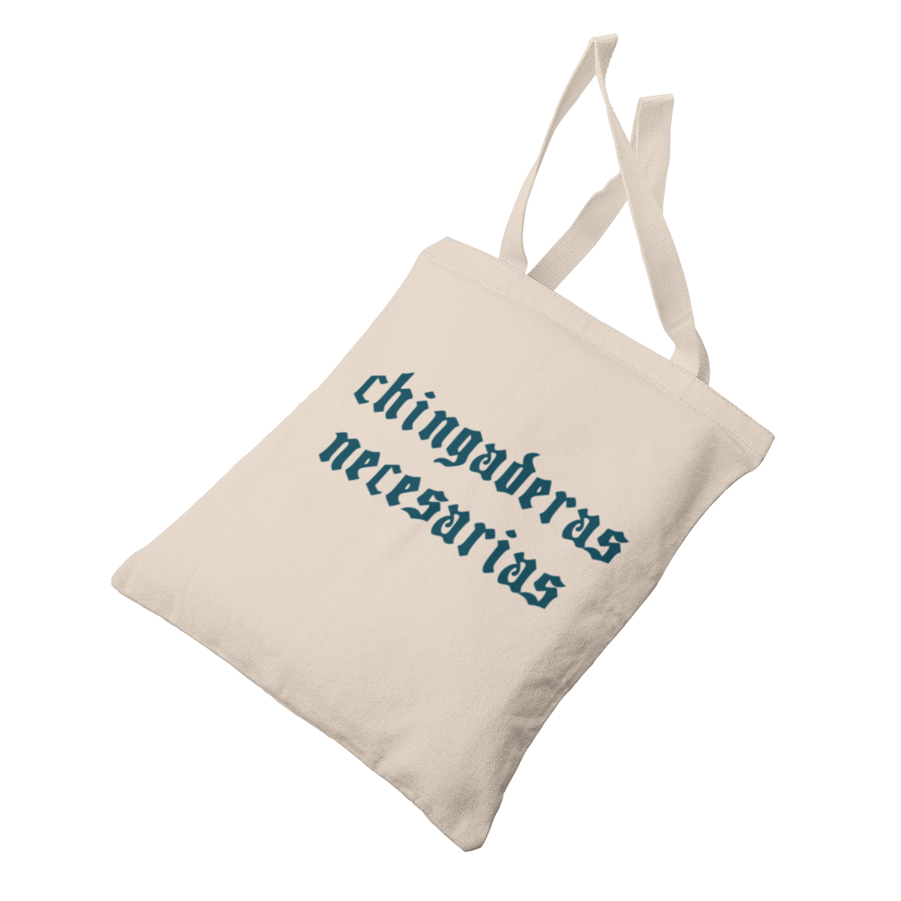 Funny Spanish canvas tote bag with a unique design featuring the words 'Chingaderas Necesarias' in teal old-English writing