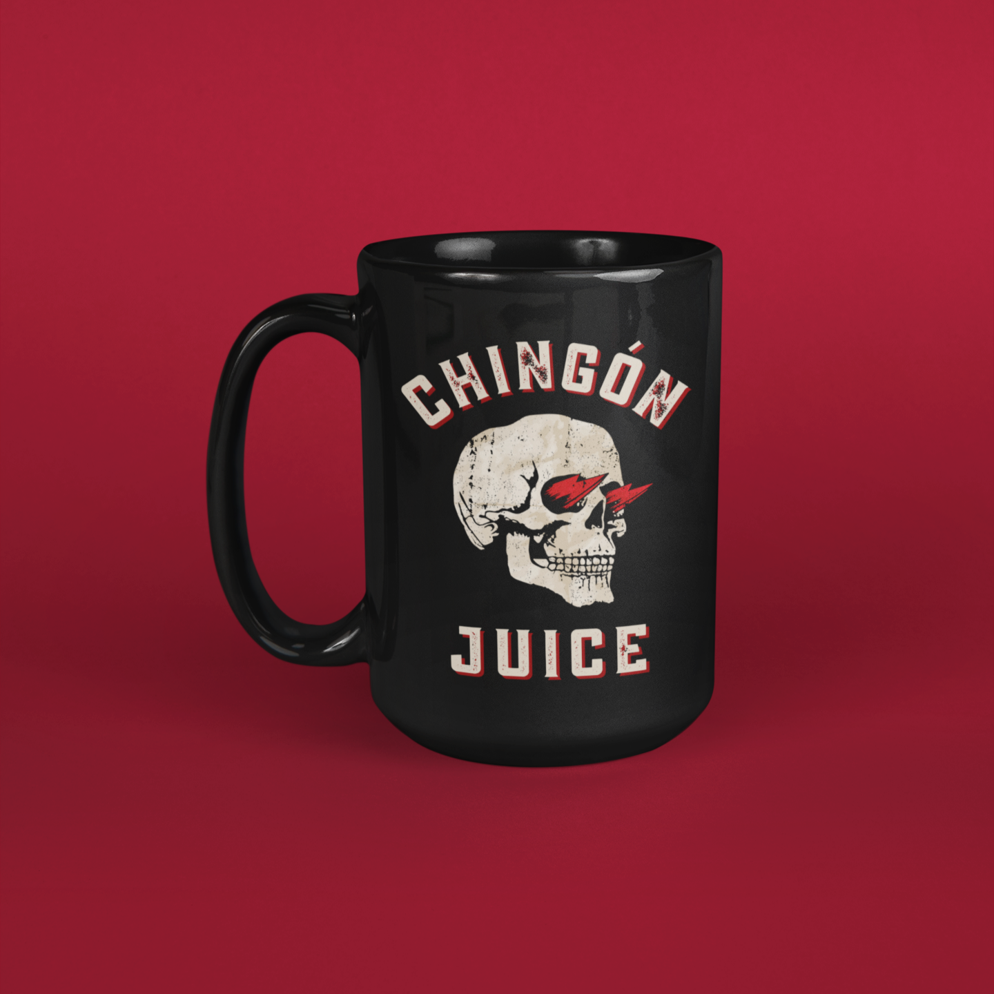 Tall black mug for latino men with a unique design of a skull with flames and the words 'Chingon Juice' in vintage-style lettering