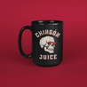 Tall black mug for latino men with a unique design of a skull with flames and the words 'Chingon Juice' in vintage-style lettering
