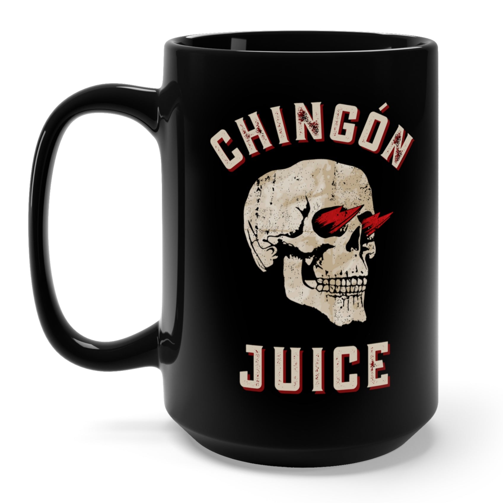 Funny tall black spanish gift mug for latinos with a graphic of a skull with fire in its eyes and 'Chingon Juice' written in vintage-style lettering