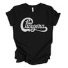 Black t-shirt for Latinas, featuring a humorous and empowering logo that says 'Chingona', parodying a famous rock-band logo
