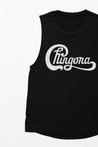Empowering statement tank top for Latinas, in black, featuring the word 'Chingona' in a playful, rock-band inspired logo