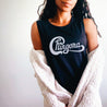 Womens black sleeveless shirt with a parody of the Chicago band logo, reads 'Chingona' 