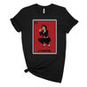 Make a statement in this stylish black t-shirt, showcasing a playful and confident latina in the style of a Lotería card