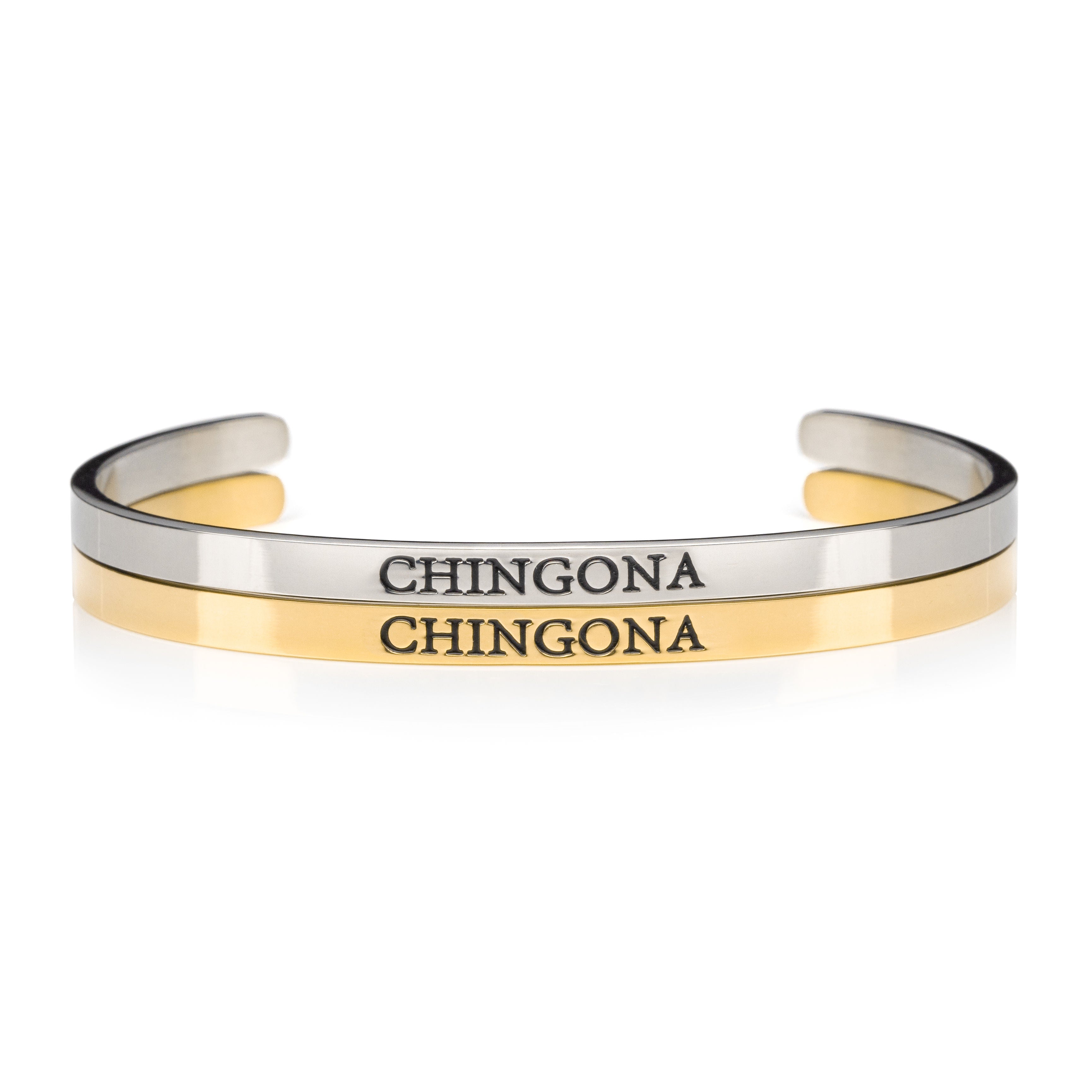 Stylish gold-plated stainless steel cuff bracelet, with the empowering word 'Chingona' stamped onto it.