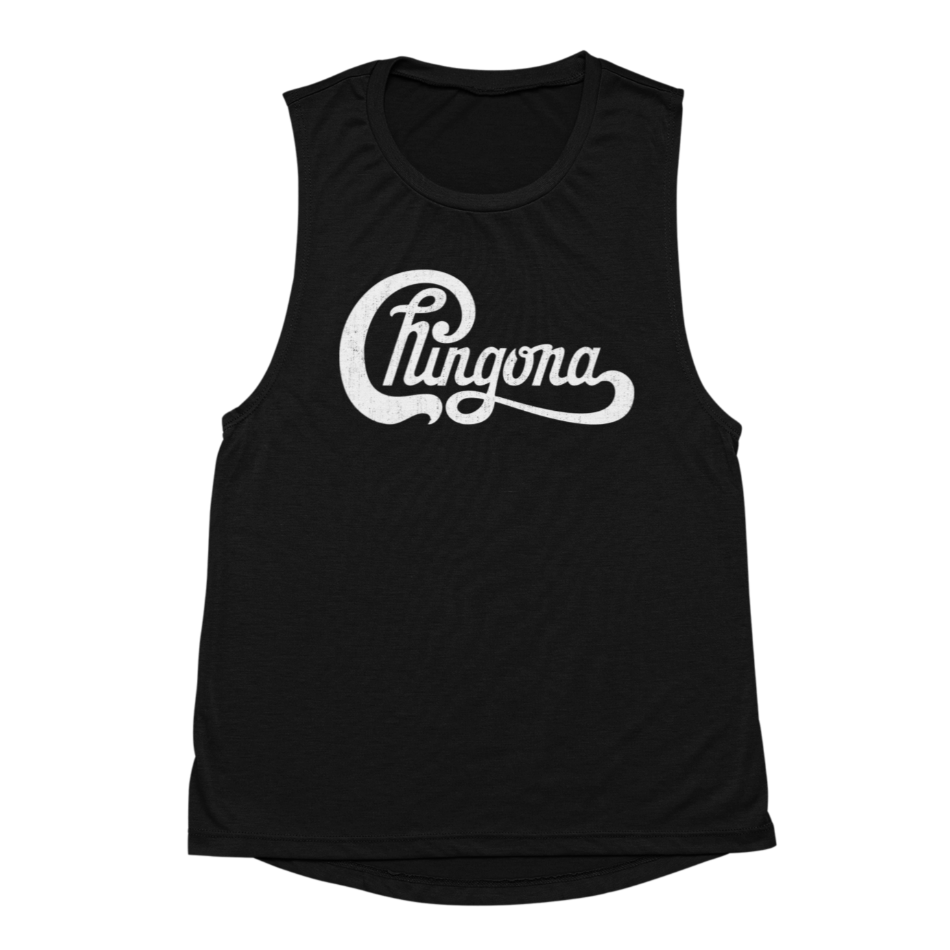 Black tank top for Latinas, featuring a humorous and empowering logo that says 'Chingona', parodying the famous rock-band logo of Chicago