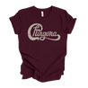 Maroon t-shirt for Latinas, featuring a humorous and empowering logo that says 'Chingona', parodying a famous rock-band logo