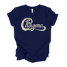 Navy blue t-shirt for Latinas, featuring a humorous and empowering logo that says 'Chingona', parodying a famous rock-band logo