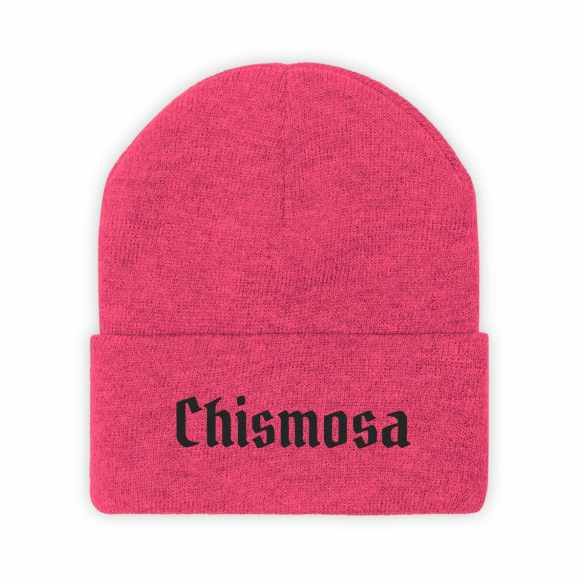 Neon pink knit beanie hat for Hispanic women and Spanish speakers. The world "Chismosa" is embroidered in black old English style lettering