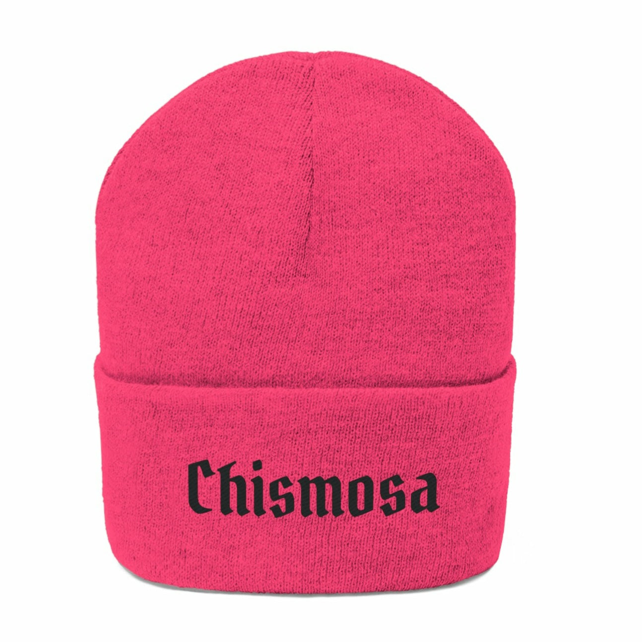 Funny Spanish Neon pink knit beanie hat for Hispanic women and Spanish speakers. The world "Chismosa" is embroidered in black old English style lettering  Edit alt text