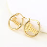 Gold chunky hoop earrings with customizable lettering inside the hoop. the  font is Old English