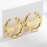 Gold Personalized bamboo hoop earrings for Latinas with custom name in old English font