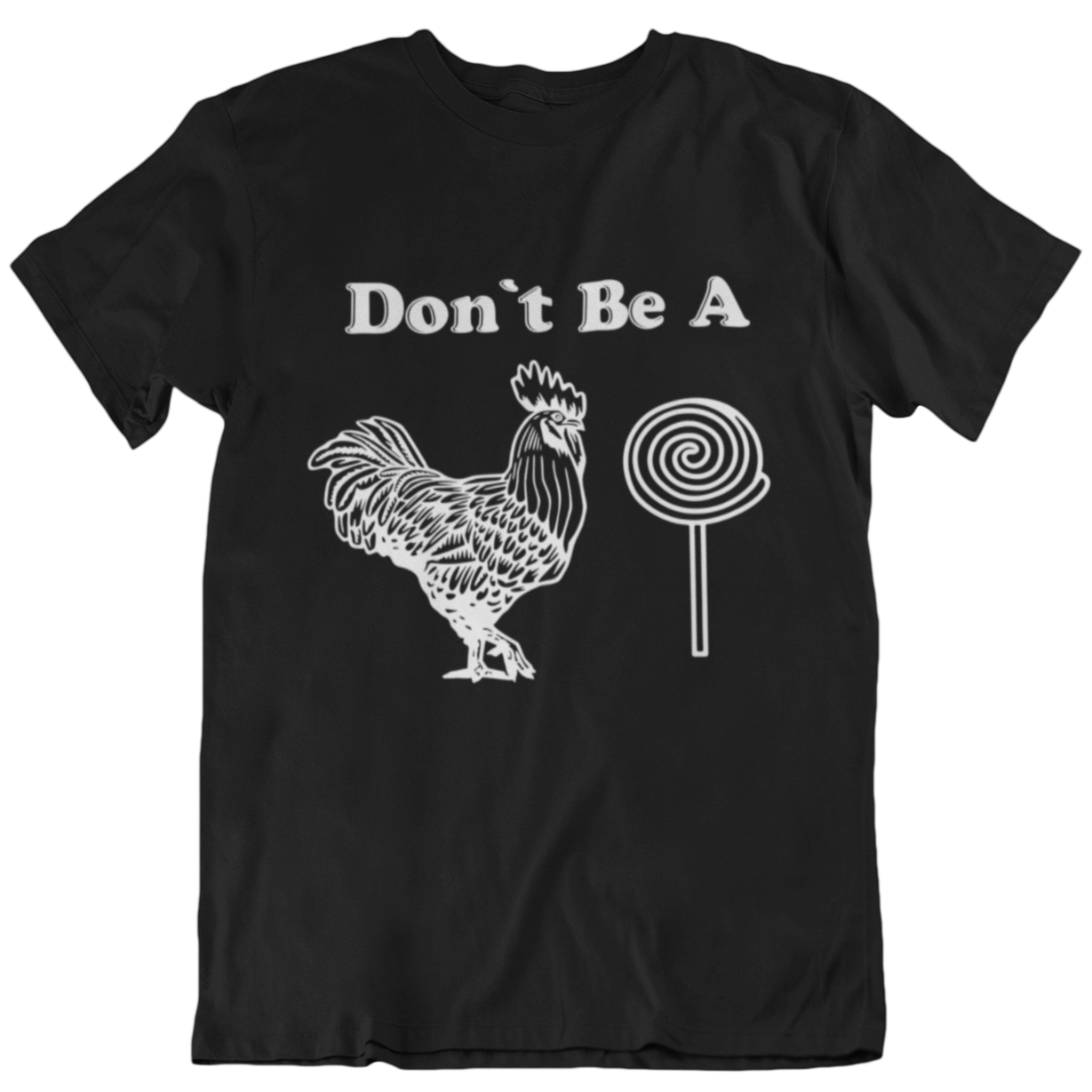 Black t-shirt for men with a play on words graphic featuring a rooster and a lollipop.