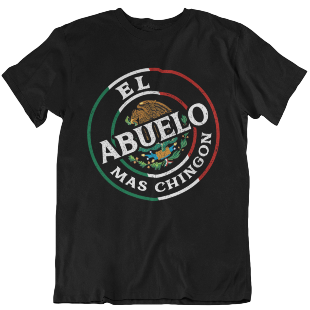 Stylish 'El Abuelo Mas Chingon' T-Shirt for grandfathers featuring a circular emblem with the Mexican colors and Mexican coat of arms