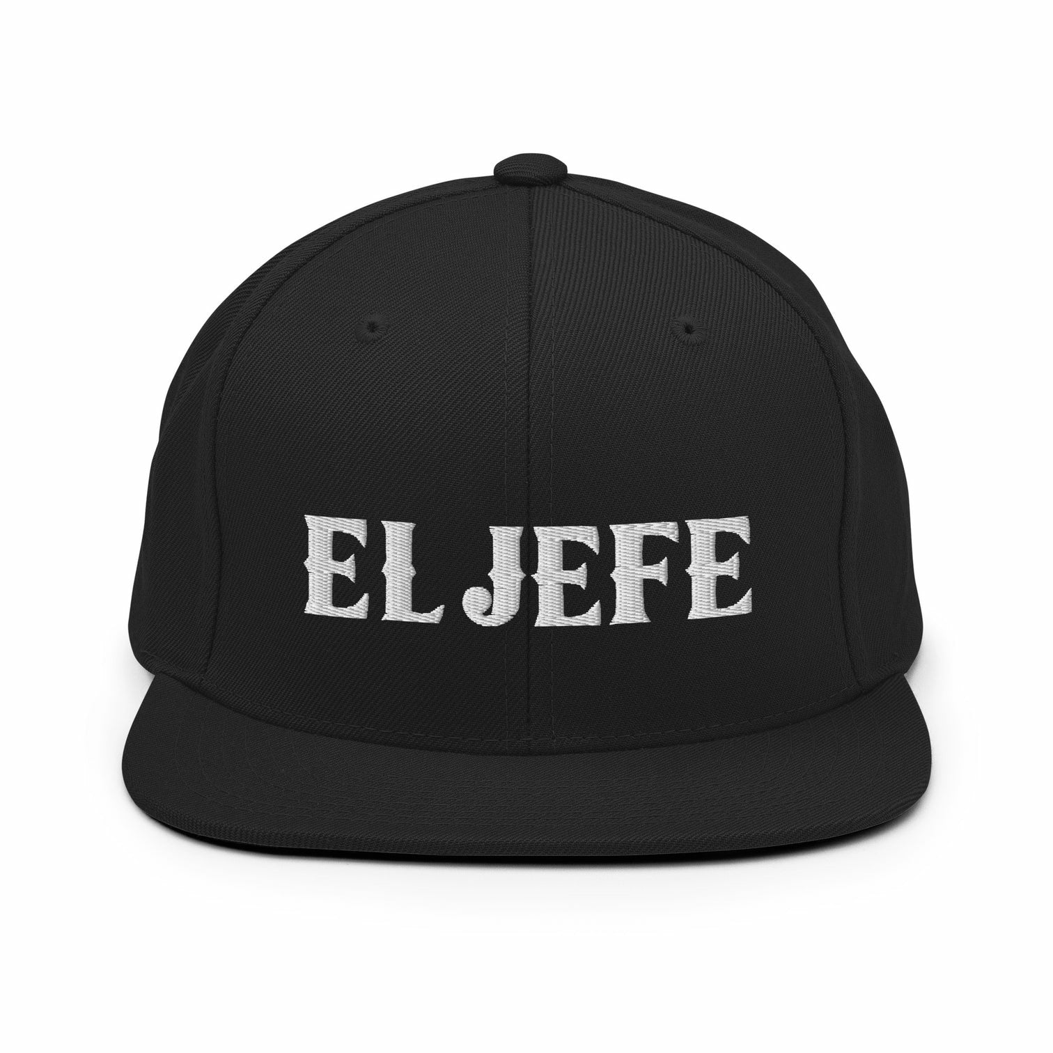 Black OG snapback cap baseball hat with embroidered white letters that say, "EL JEFE"