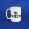 A mug with the text "el viejo" in a bold font on a white background, perfect for a morning coffee or tea