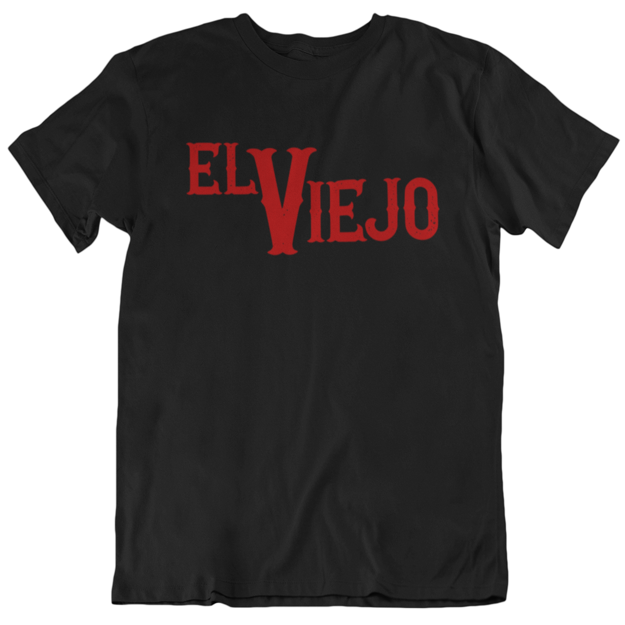 Funny black t-shirt for Latinos and Spanish-speakers.  in bold red lettering, the front of the shirt states "El Viejo"