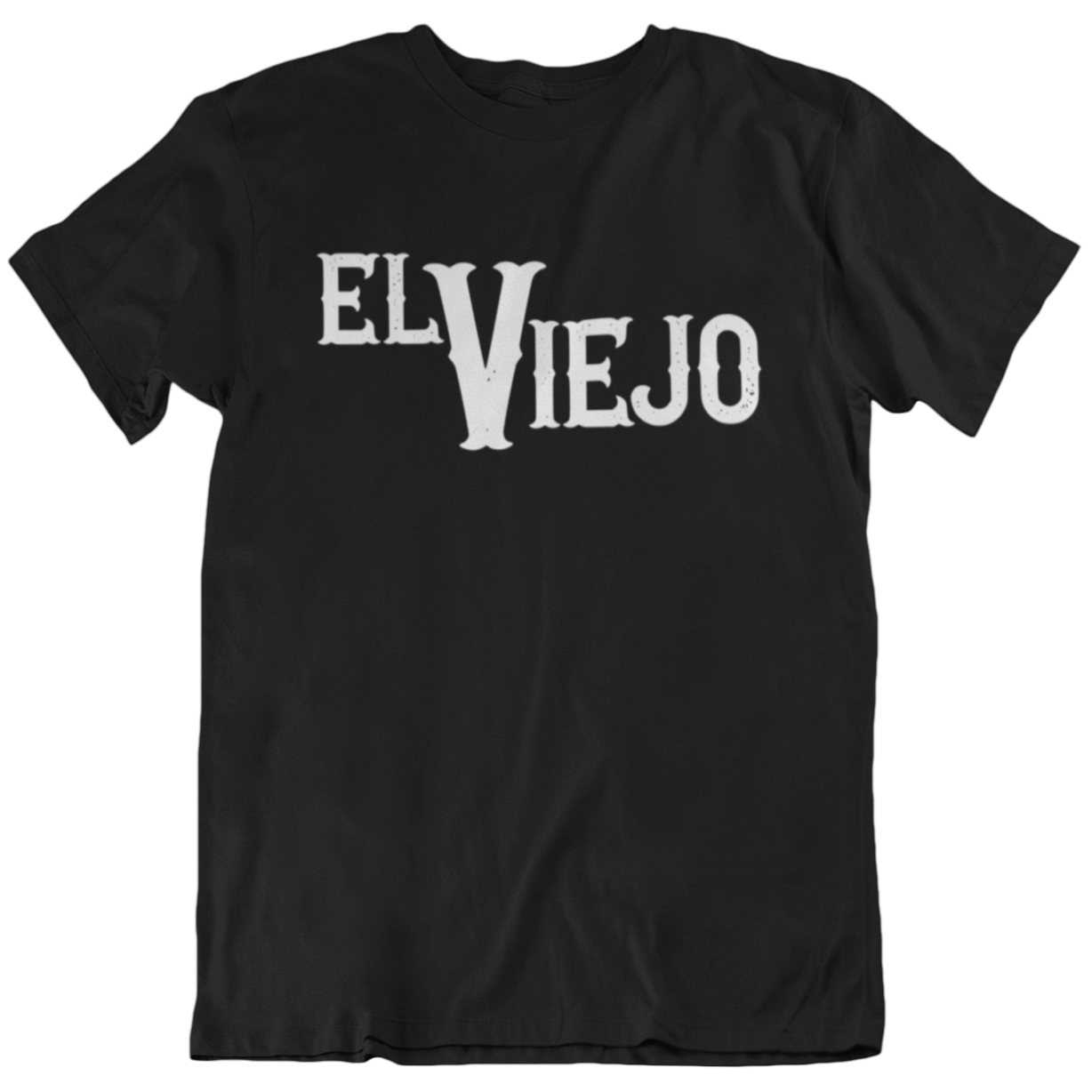 Funny black t-shirt for Latinos and Spanish-speakers. in bold white lettering, the front of the shirt states "El Viejo"