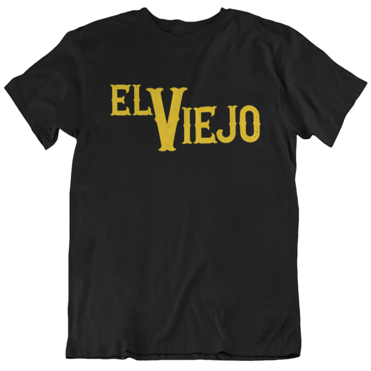 Funny black t-shirt for Latinos and Spanish-speakers. in bold yellow lettering, the front of the shirt states "El Viejo"
