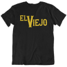 Funny black t-shirt for Latinos and Spanish-speakers. in bold yellow lettering, the front of the shirt states "El Viejo"
