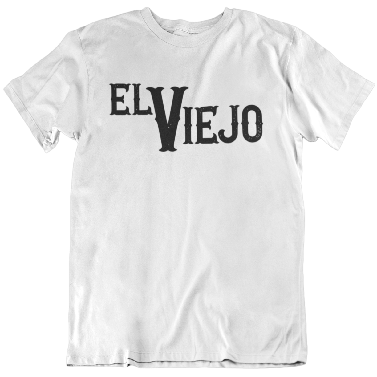 Funny white t-shirt for Latinos and Spanish-speakers. in bold black lettering, the front of the shirt states "El Viejo"