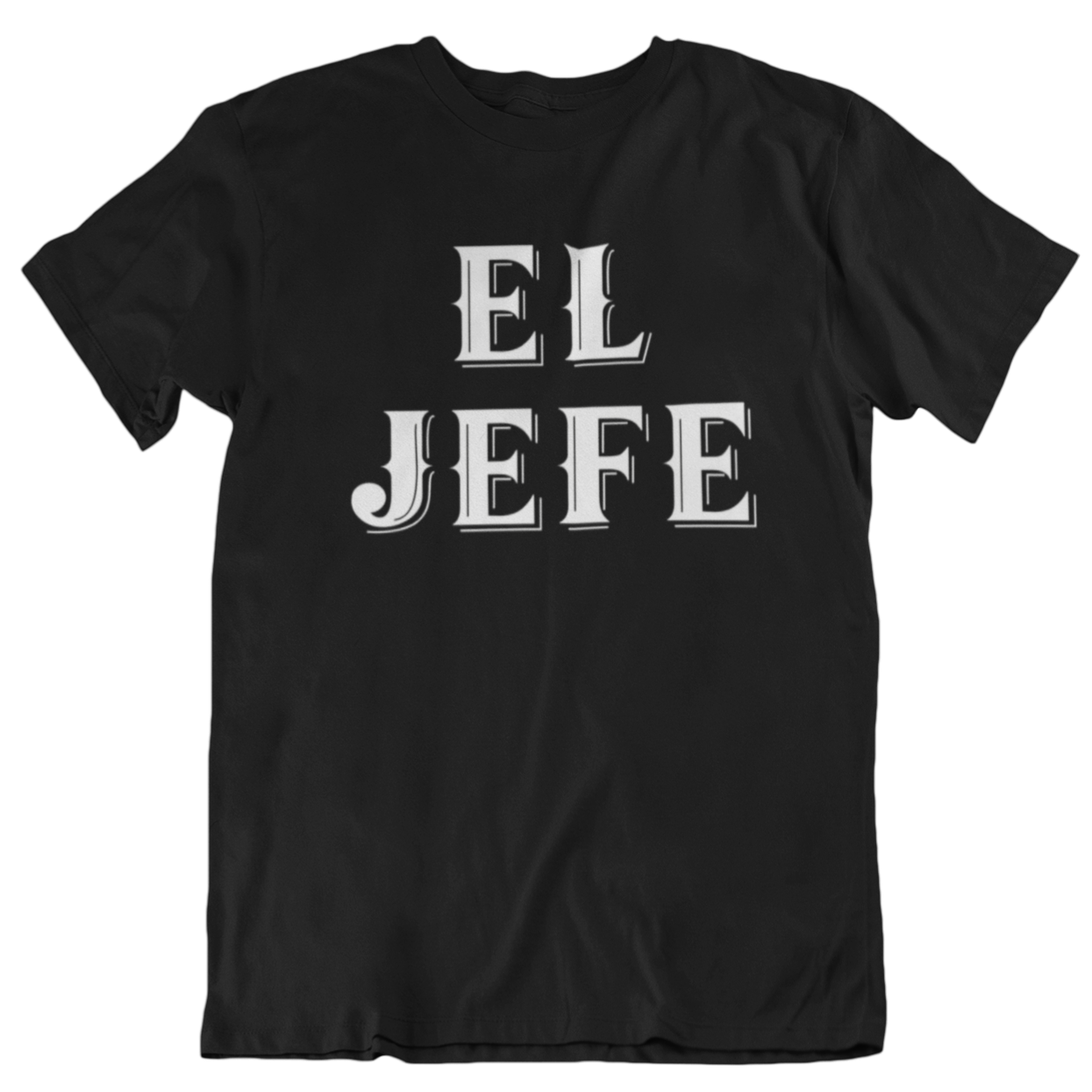 Mens Hispanic black t-shirt with "EL JEFE" in large white Old English lettering 