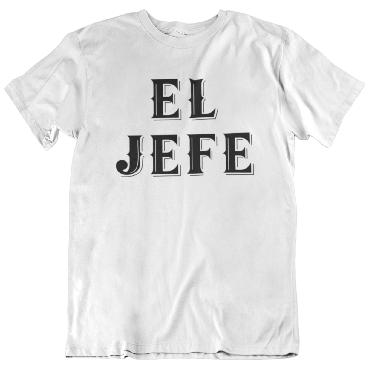 Mens Hispanic white t-shirt with "EL JEFE" in large white Old English lettering