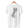 Women's white t-shirt with a black graphic going up the back of the shirt of a human spine with flowers entwined, growing through the spine