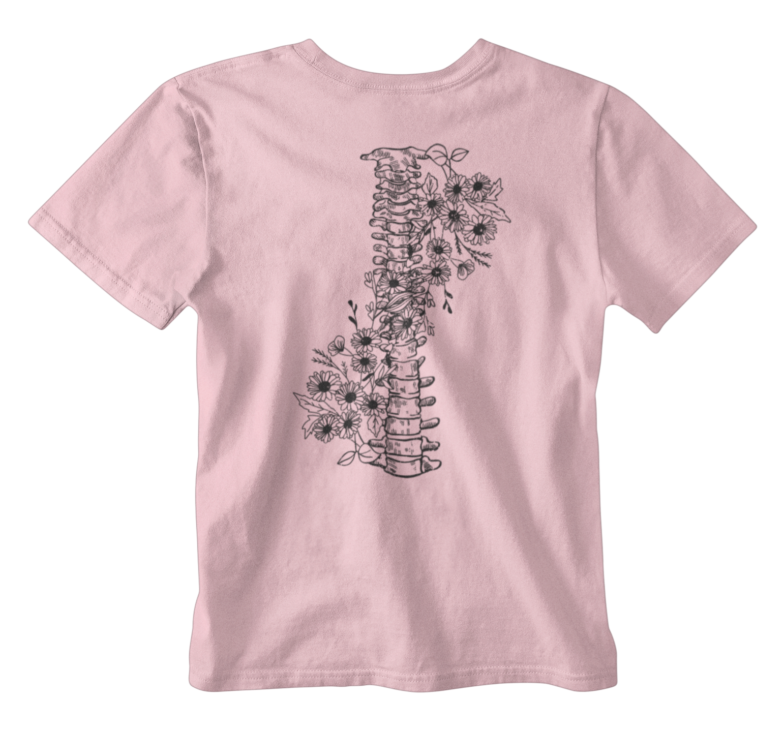 Women's light pink t-shirt with a black graphic going up the back of the shirt of a human spine with flowers entwined, growing through the spine