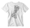 Women's white t-shirt with a black graphic going up the back of the shirt of a human spine with flowers entwined, growing through the spine 