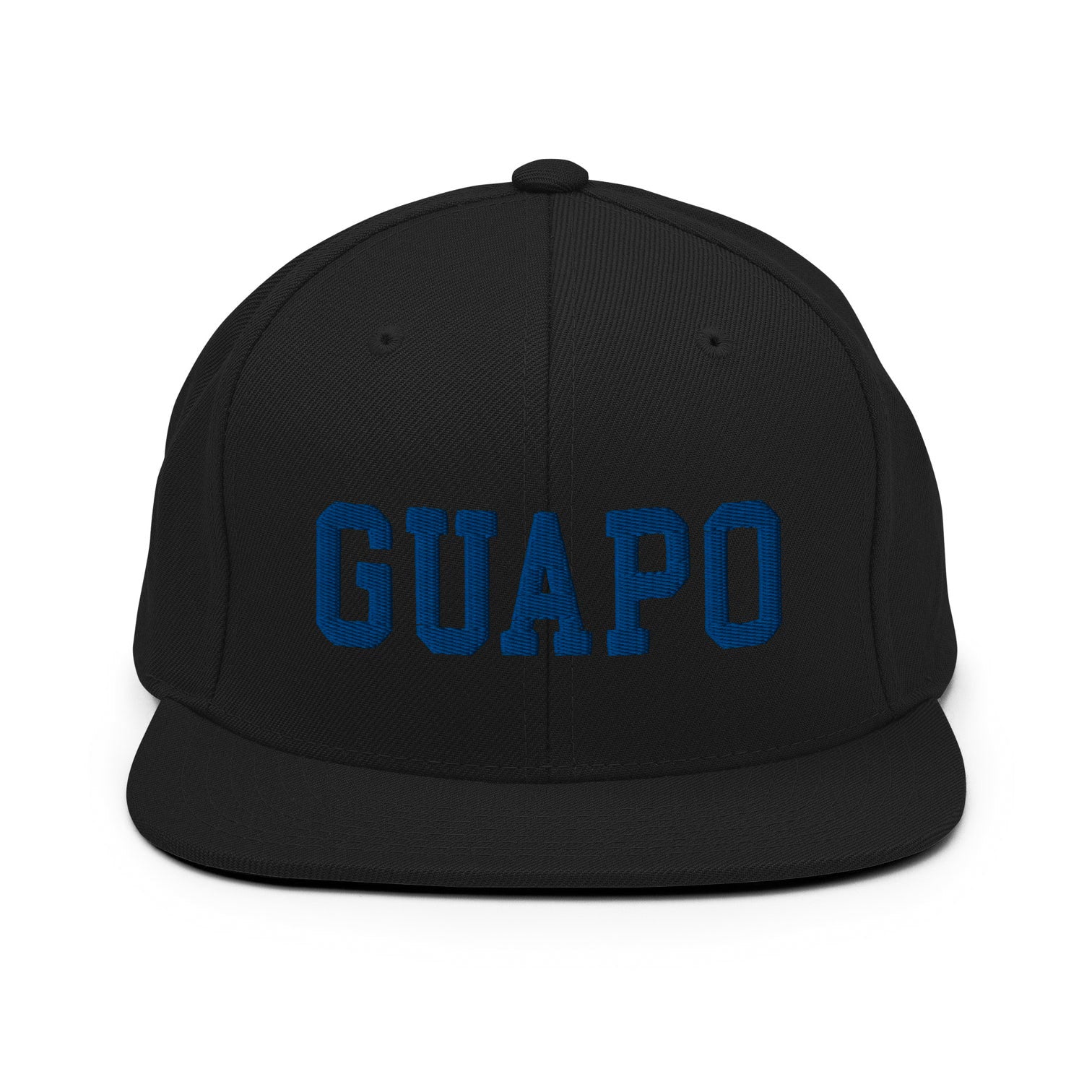 Black OG snapback cap baseball hat with embroidered blue letters that say, "GUAPO"