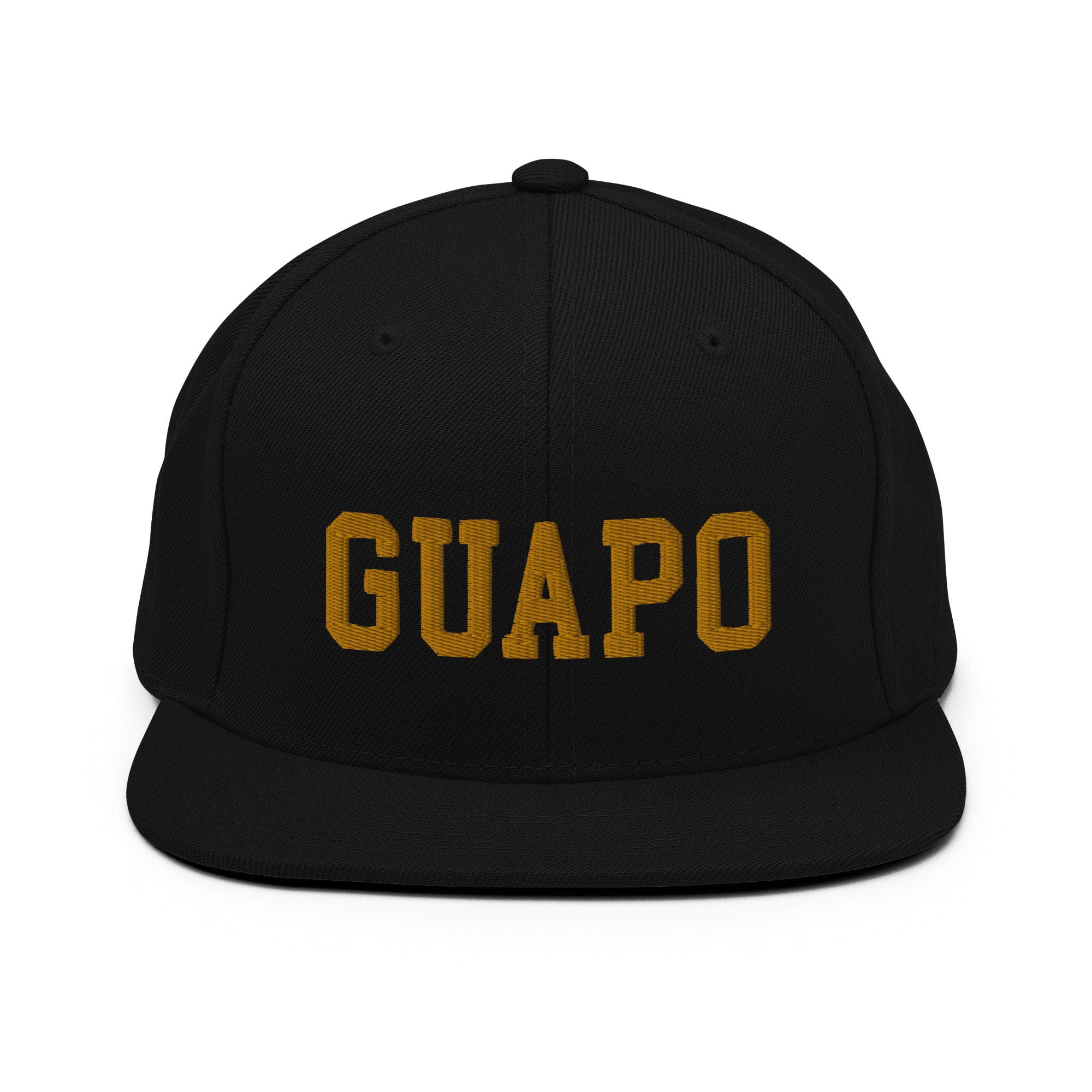 Black OG latino snapback cap baseball hat with embroidered gold letters that say, "GUAPO"