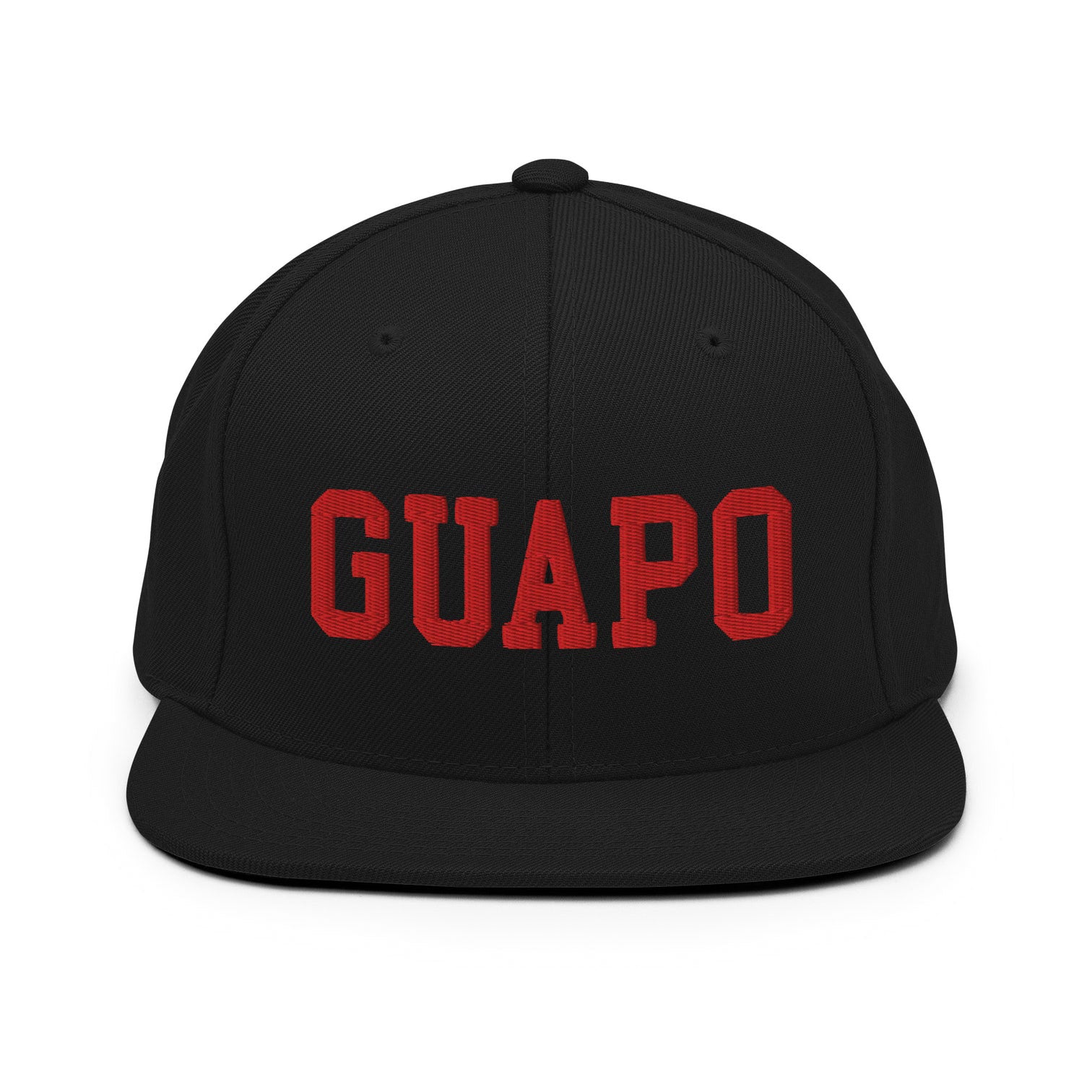 Black OG snapback cap baseball hat with embroidered red letters that say, "GUAPO"