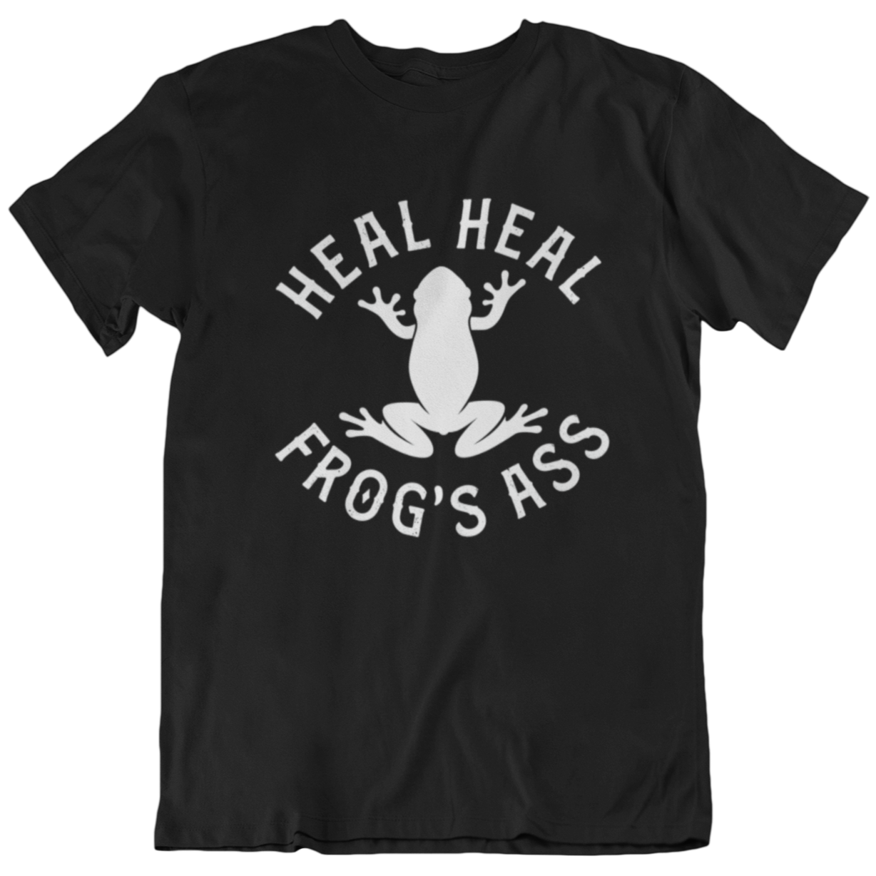 funny black t-shirt for Latino culture. the graphic depicts a frog and the words "heal heal frog's ass" in honor of sana sana colita de Rana