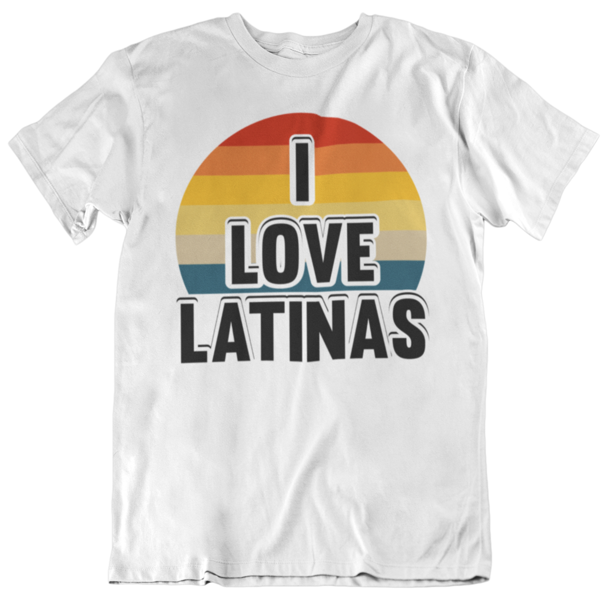 White t-shirt for men with a colorful rainbow logo and bold black 'I Love Latinas' phrase