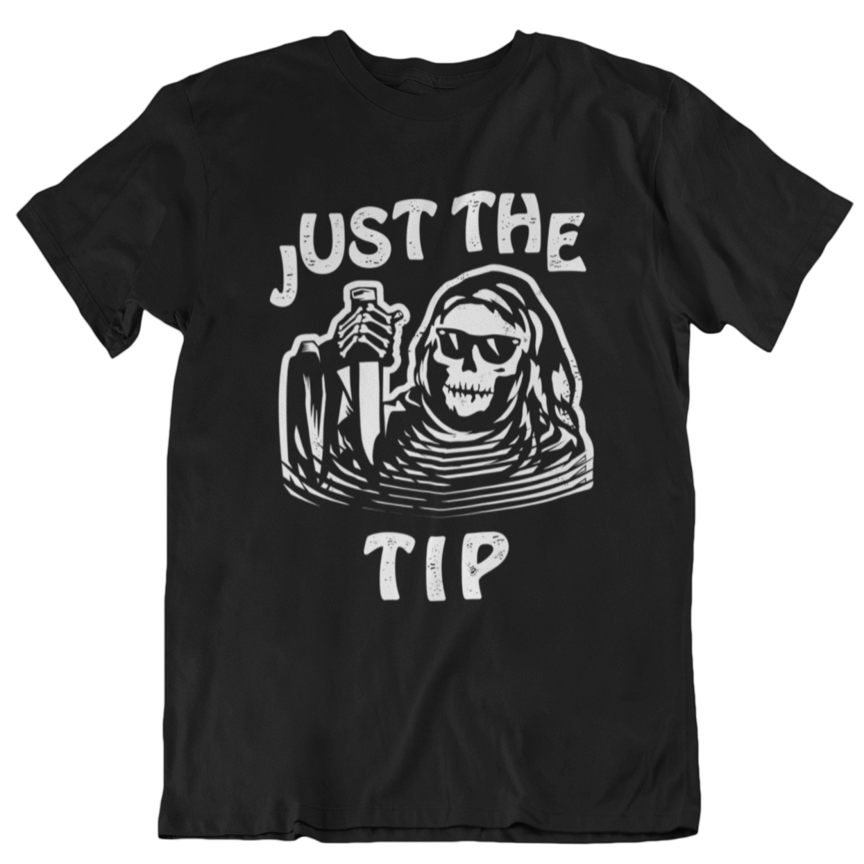 Funny black t-shirt for Latino men.  The graphic is a humorous play on words.  There is a tattoo-style skeleton holding a knife, and the words surrounding the image state "Just the Tip"