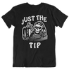 Funny black t-shirt for Latino men.  The graphic is a humorous play on words.  There is a tattoo-style skeleton holding a knife, and the words surrounding the image state "Just the Tip"