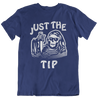 Funny navy blue t-shirt for Latino men. The graphic is a humorous play on words. There is a tattoo-style skeleton holding a knife, and the words surrounding the image state "Just the Tip"