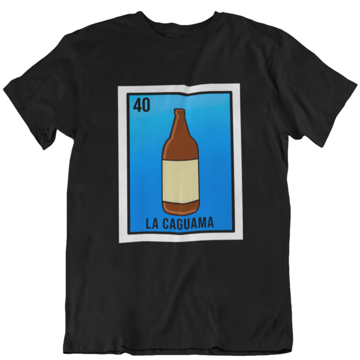 Black t-shirt for Latino men featuring a cartoon-style beer bottle and the text "la caguama" in a Lotería-inspired design.