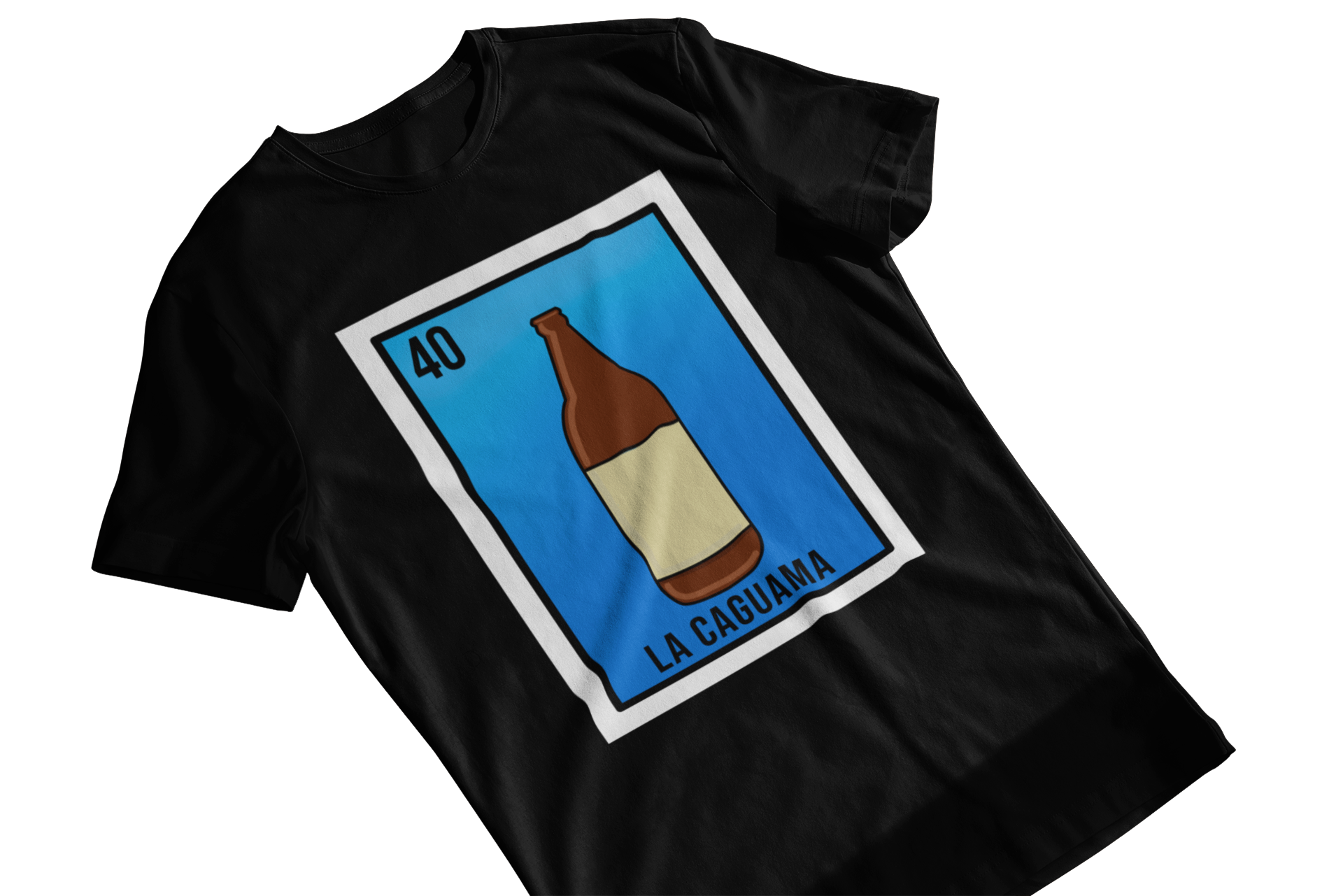 Black t-shirt for Latino men with a Lotería-inspired design featuring a cartoon-style beer bottle with the text "la caguama" in a card-like format