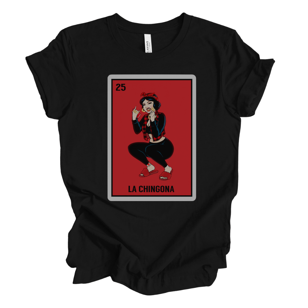 Chic and bold black t-shirt featuring a Lotería-style illustration of a confident and fun woman, perfect for empowering latinas