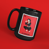 Tall black mug with a picture of a red loteria card with a chola on the card that says LA CHINGONA