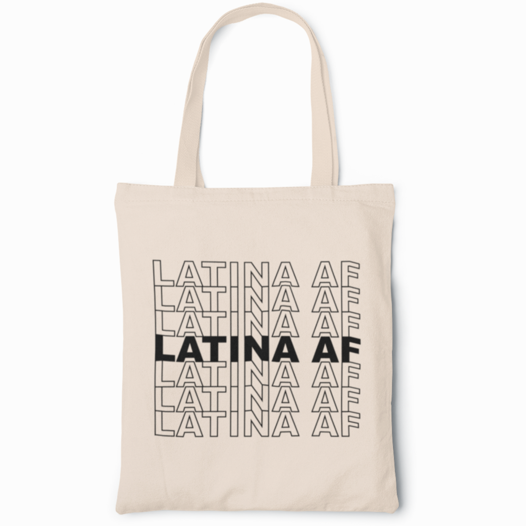 Latina canvas tote bag with empowering 'Latina AF' in the style of take-out bags that say THANK YOU