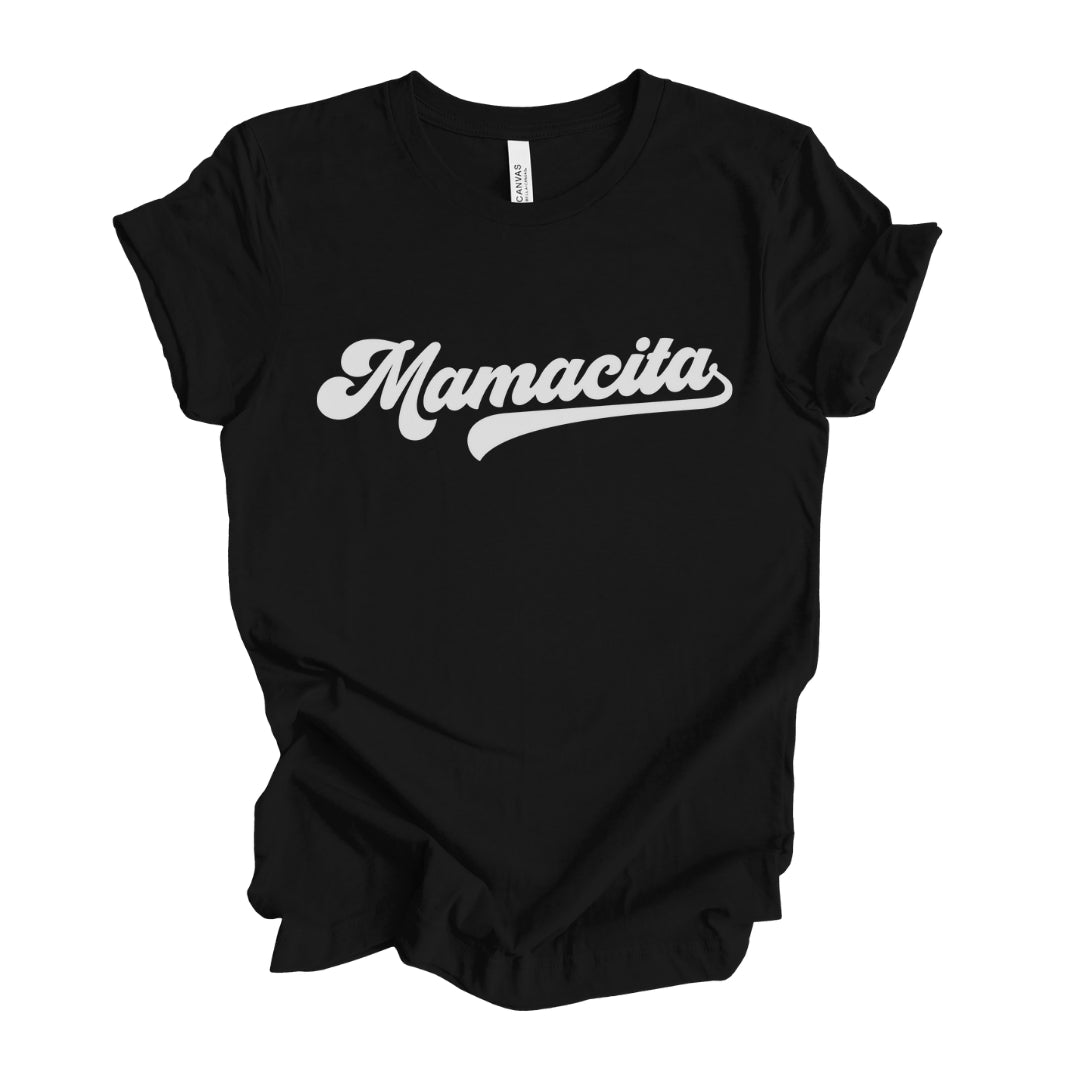 Cute 'Mamacita' black T-Shirt featuring a classic white cursive script lettering